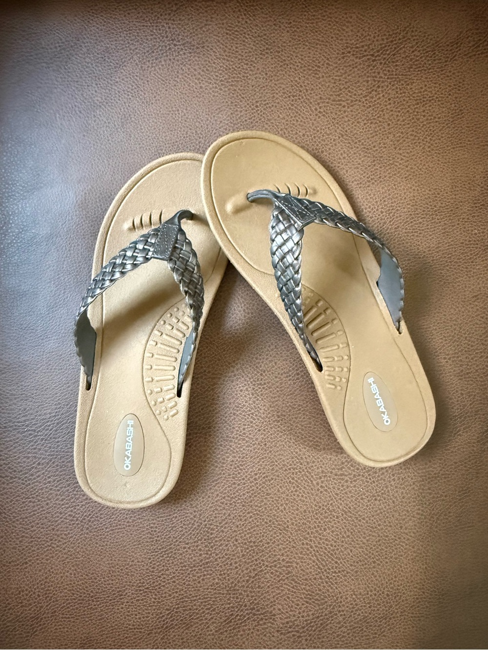 Okabashi Bronze Braided Sandals with Tan Footbed